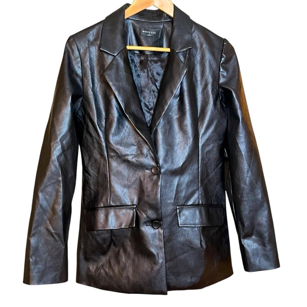White Fox Black Faux Leather Take The Lead Blazer Black Coat Size Small/Medium